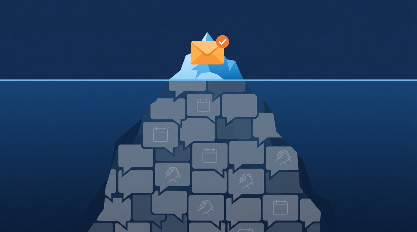 Iceberg with one positive email reply at the tip and a wall of gray reply bubbles below the waterline